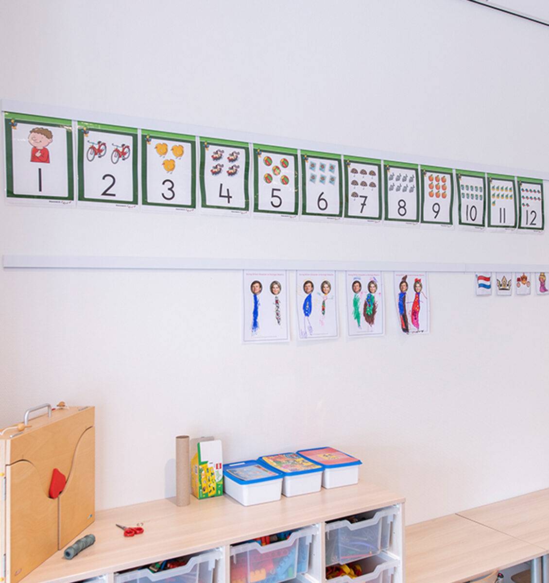 DE Info Rail gefüllt mit Lernkarten an der Wand im Klassenzimmer