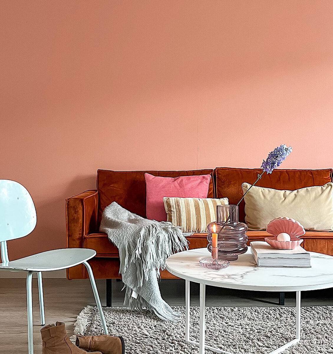 NL lege zacht roze muur in woonkamer boven bank