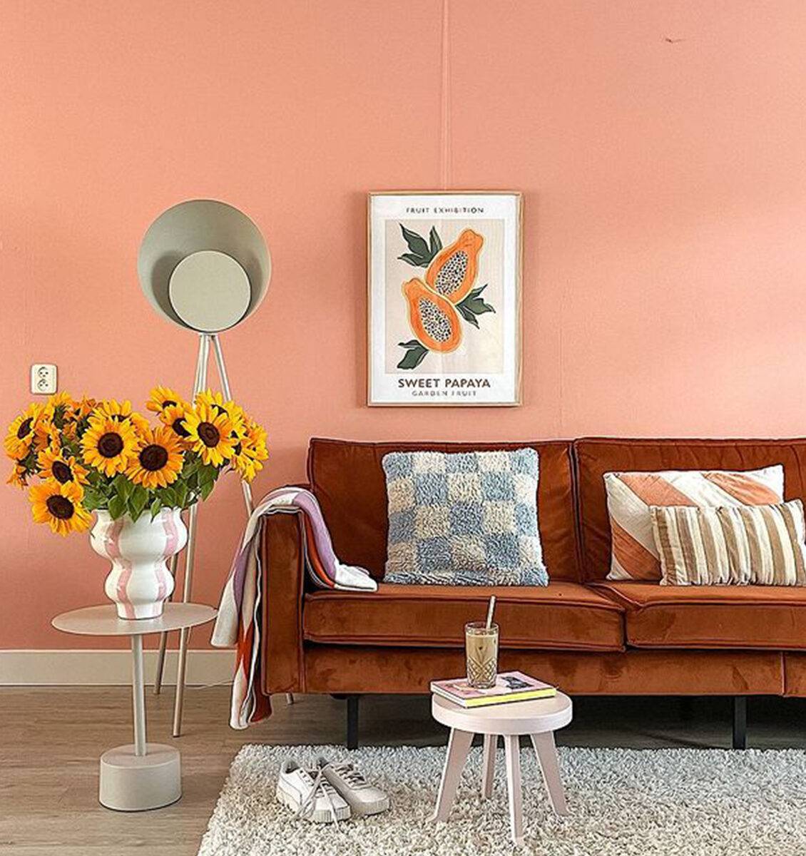 NL lijst aan zacht roze muur in woonkamer