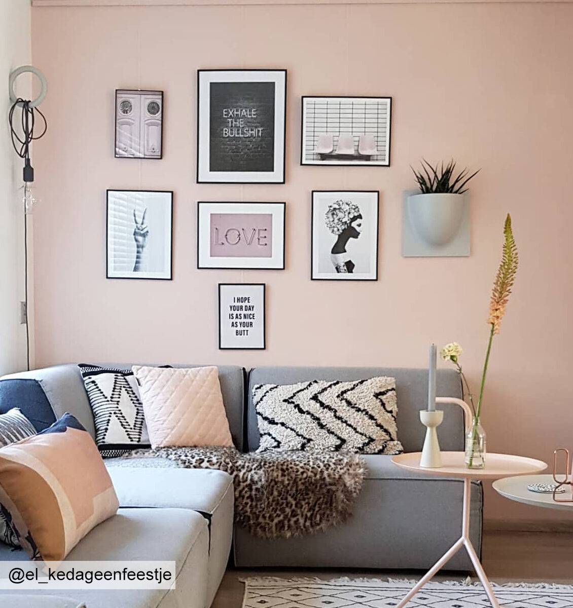 NL roze muur met lijsten als gallery wall opgehangen aan het flexibele ophangsysteem van Artiteq