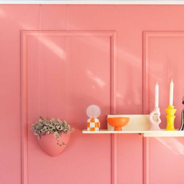 NL hangbloempot aan een roze muur